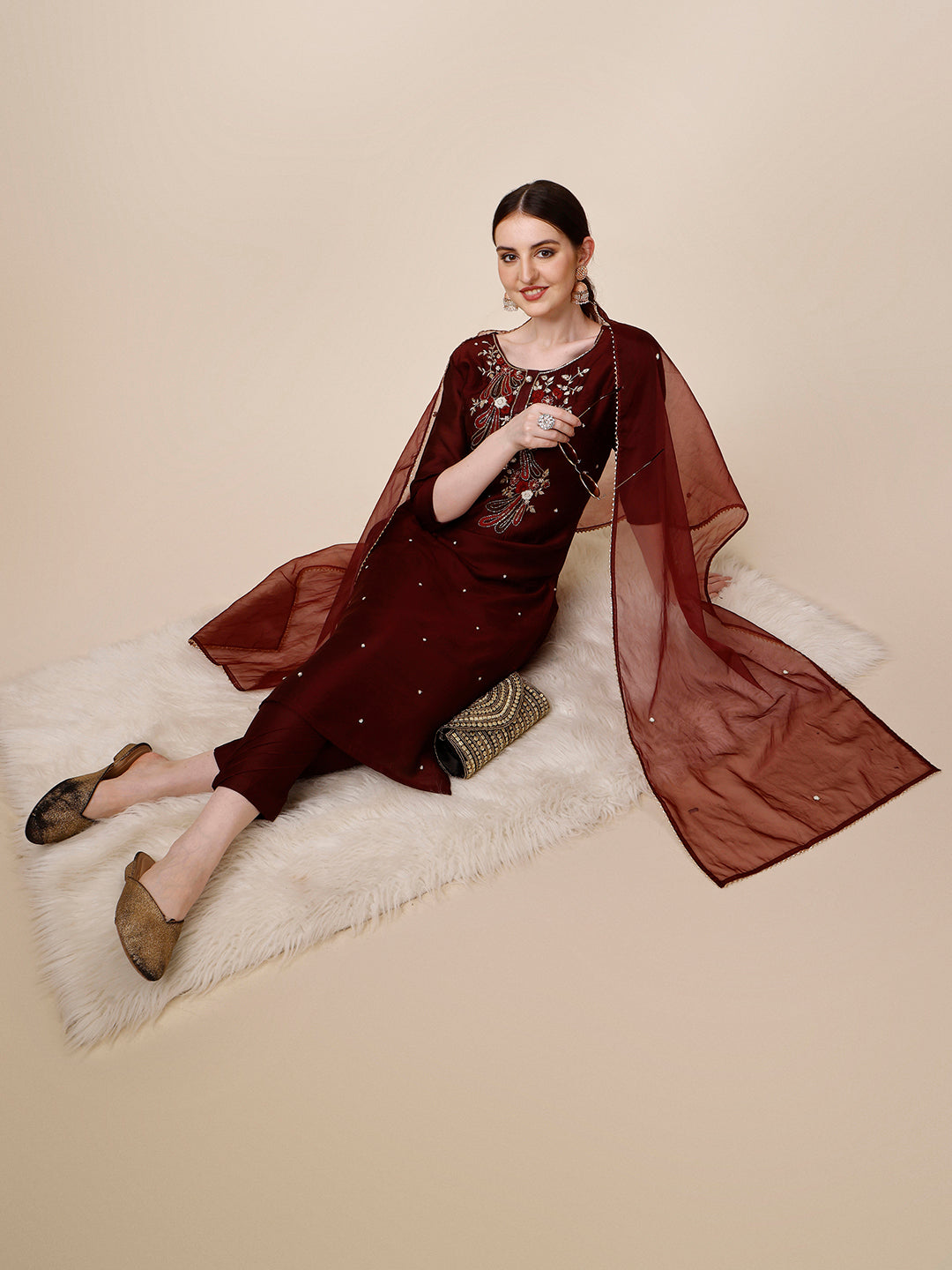 Embroidered Maroon Kurta with Pant and Dupatta Set