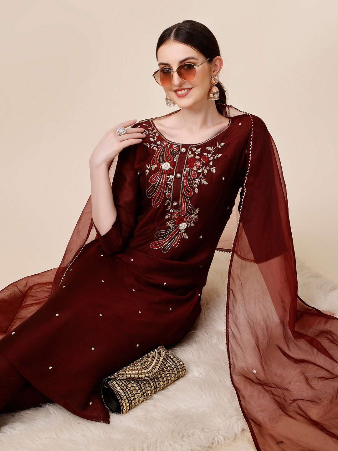 Embroidered Maroon Kurta with Pant and Dupatta Set