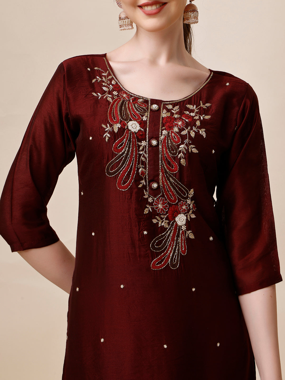 Embroidered Maroon Kurta with Pant and Dupatta Set