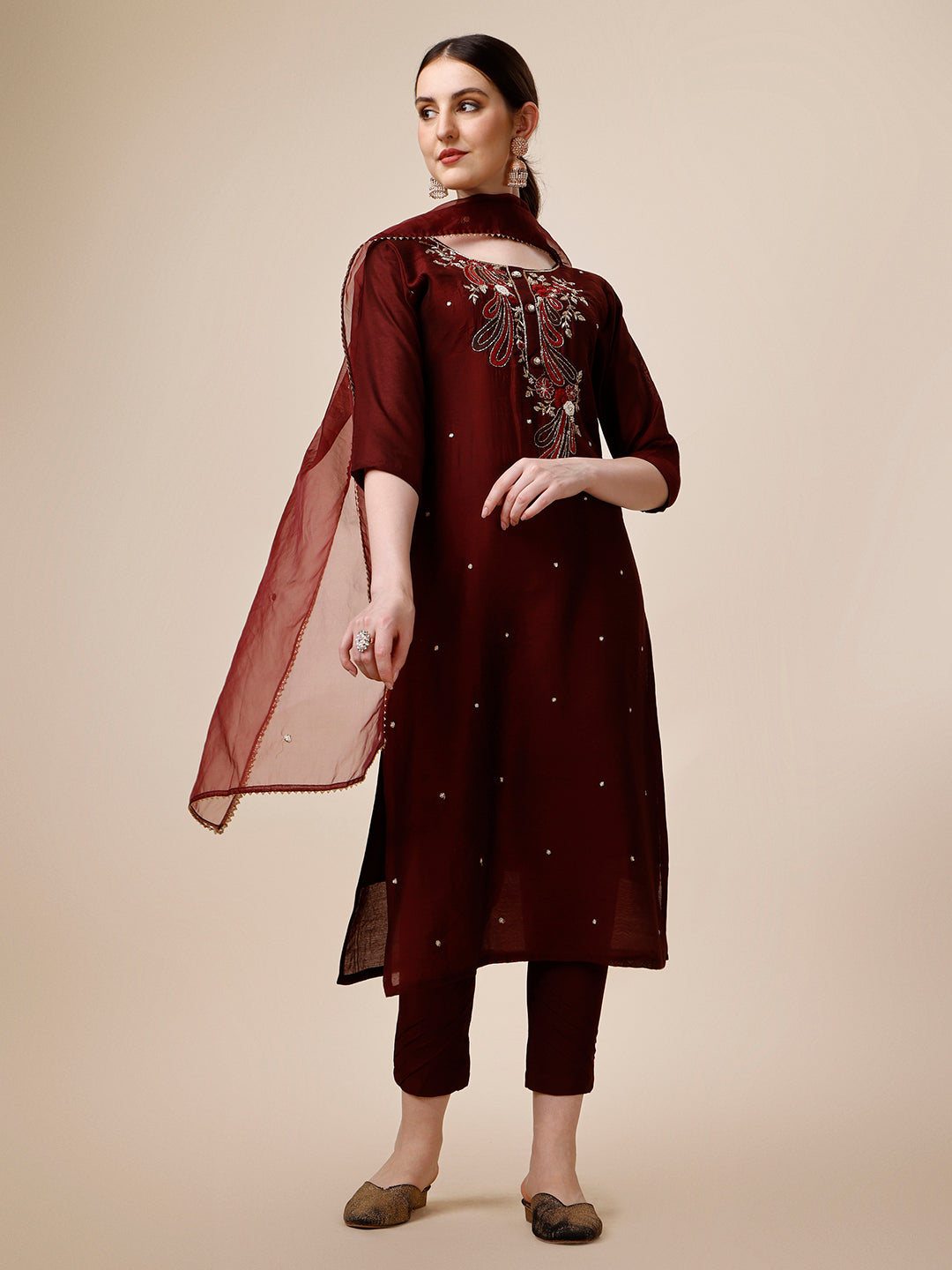 Embroidered Maroon Kurta with Pant and Dupatta Set