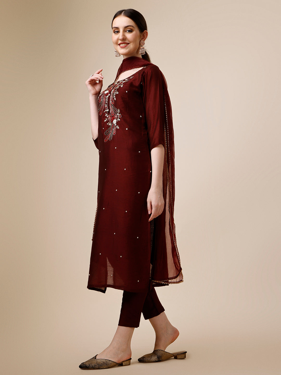 Embroidered Maroon Kurta with Pant and Dupatta Set