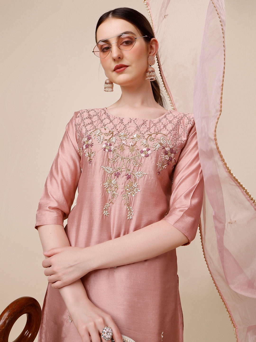 Hand Embroidered Kurta with Pant & Dupatta Set