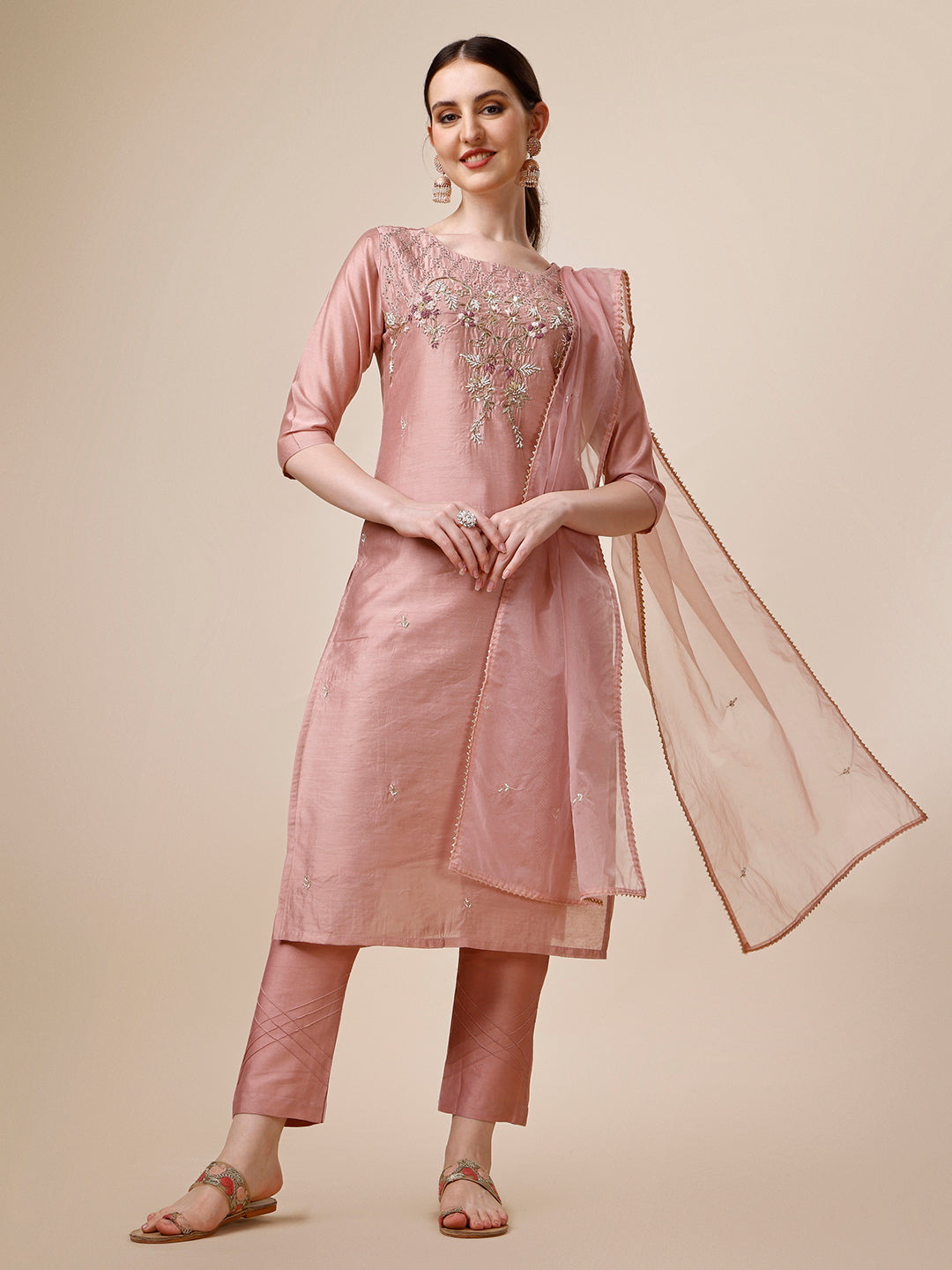 Hand Embroidered Kurta with Pant & Dupatta Set