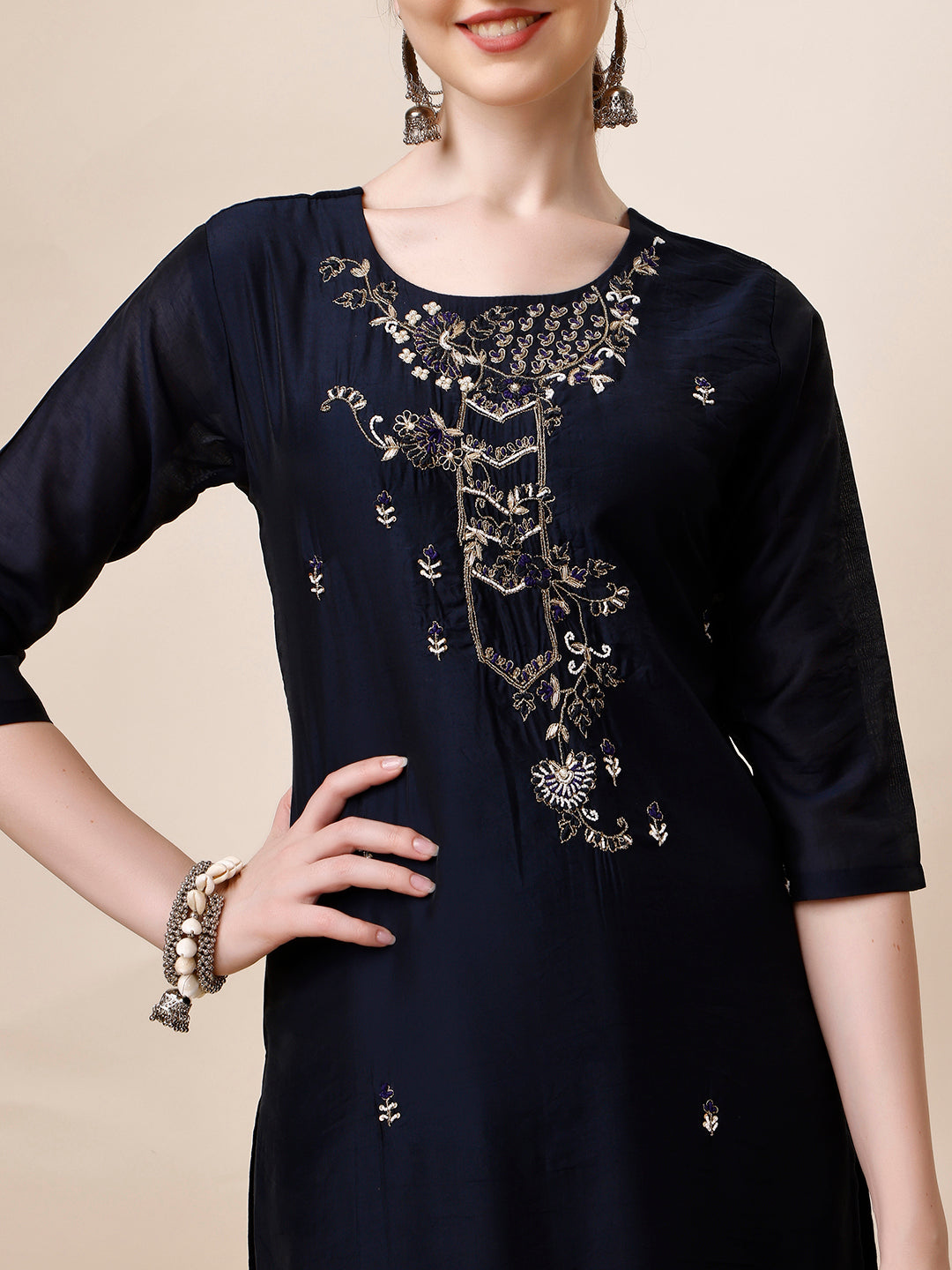 Hand Embroidered Kurta with Pant and Dupatta Set