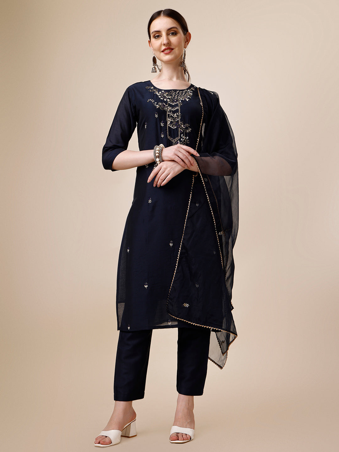 Hand Embroidered Kurta with Pant and Dupatta Set