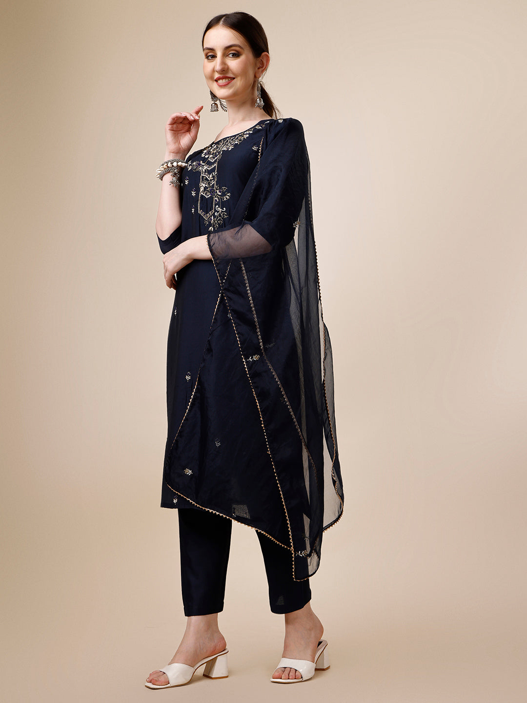 Hand Embroidered Kurta with Pant and Dupatta Set