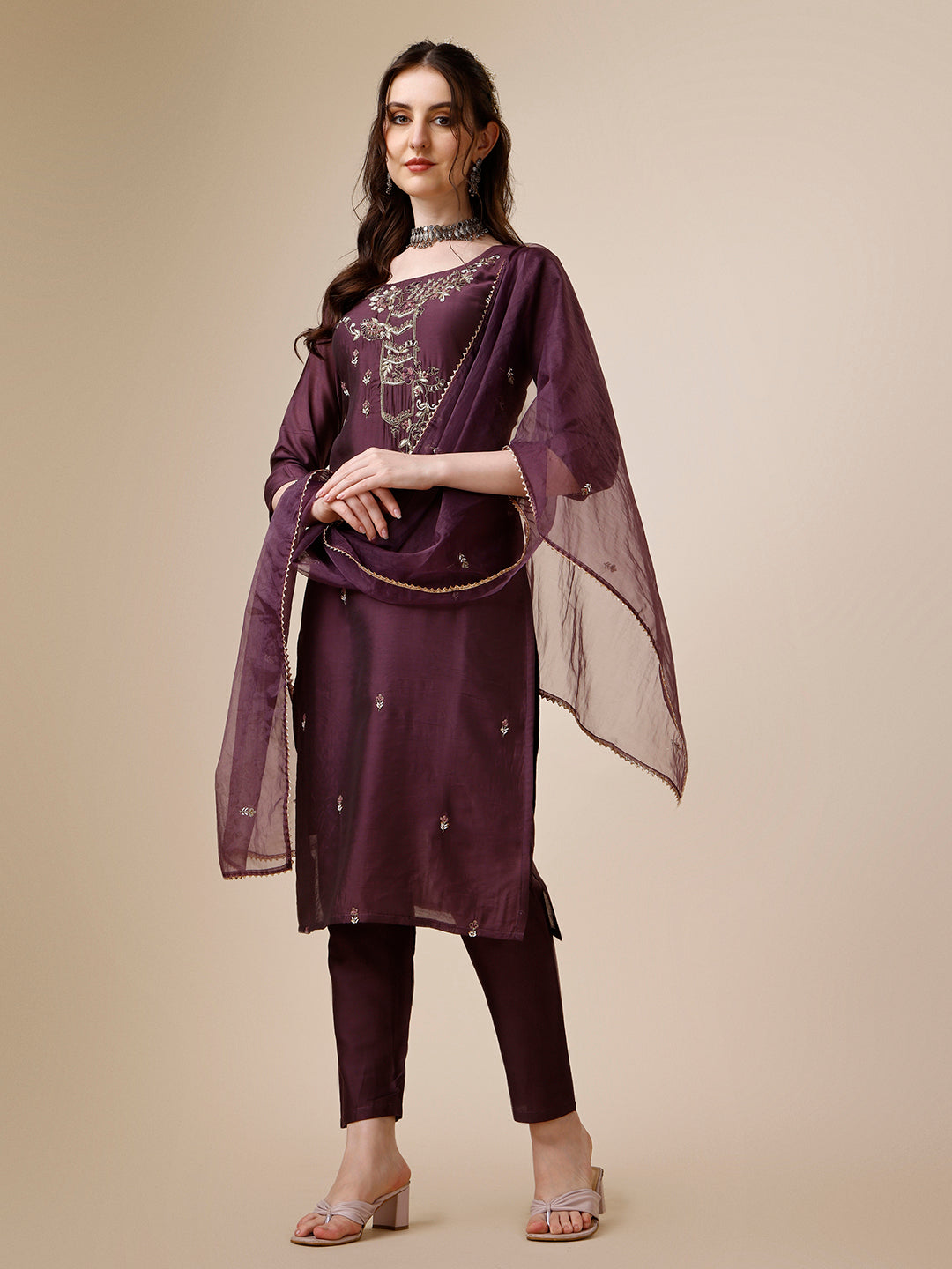 Embroidered Kurta with Pant and Dupatta Set