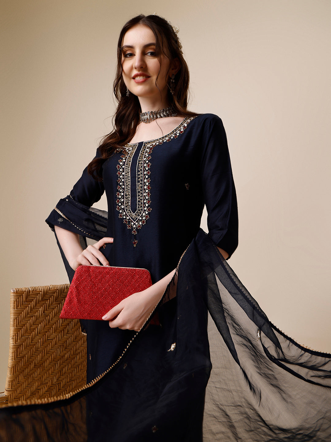 Embroidered Kurta with Pant and Dupatta Set