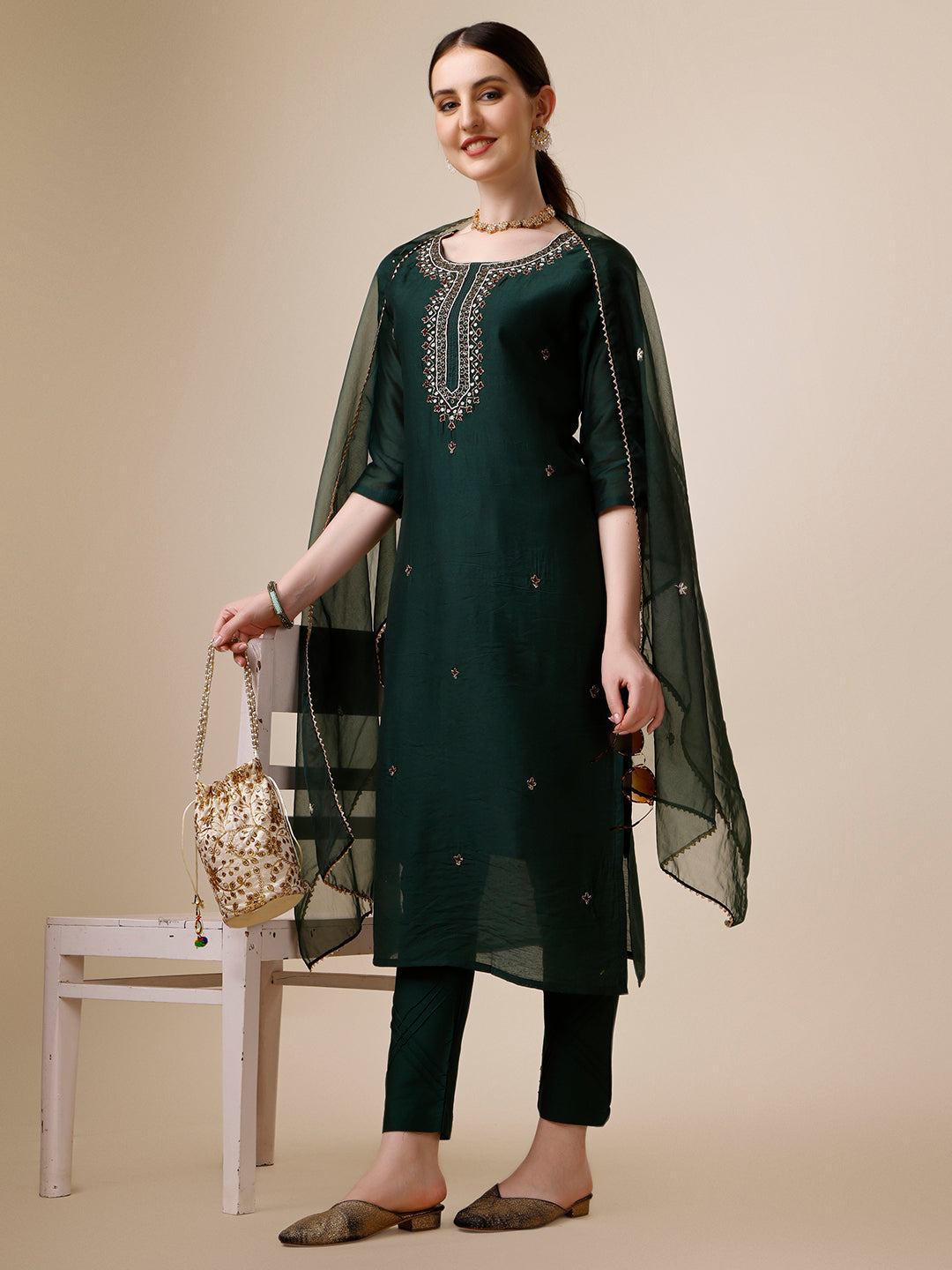 Embroidered Kurta with Pant and Dupatta Set