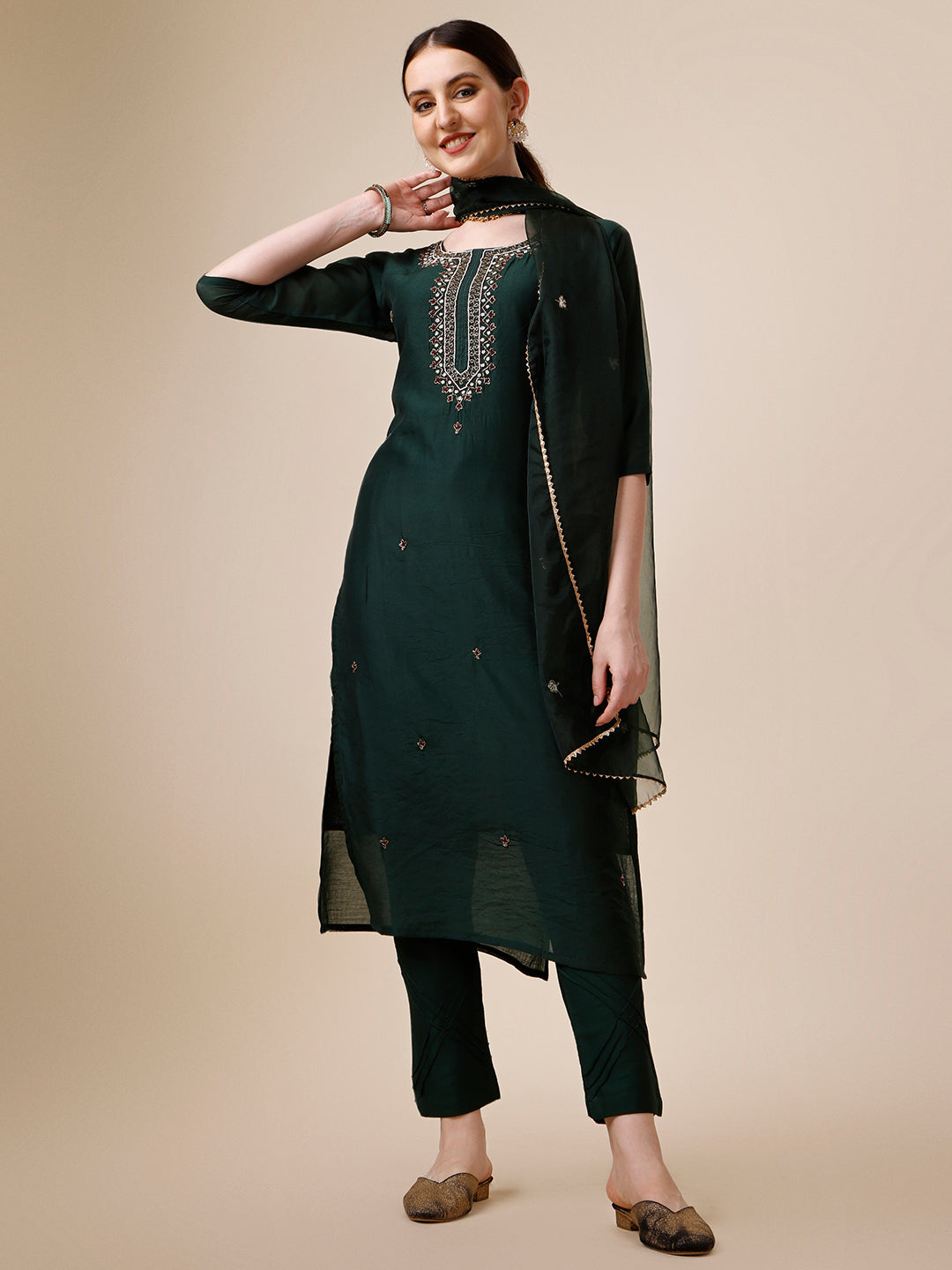 Embroidered Kurta with Pant and Dupatta Set