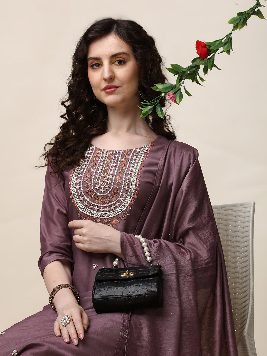 Embroidered Lavender Kurta with Pant and Dupatta Set