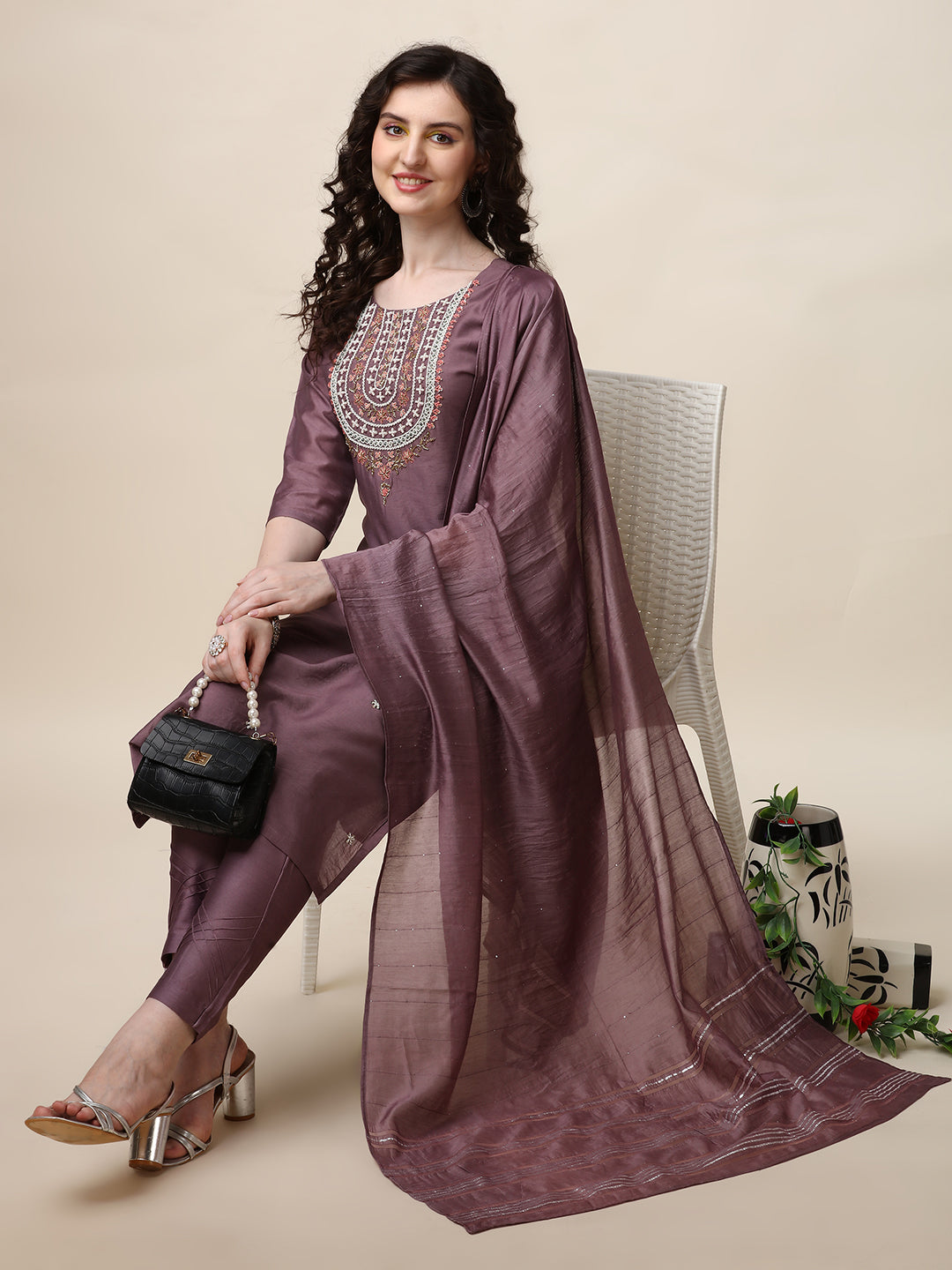 Embroidered Lavender Kurta with Pant and Dupatta Set