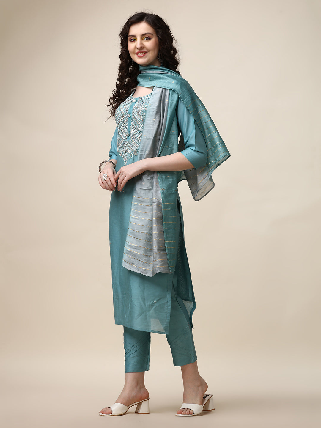Hand Embroidered kurta with pant and dupatta Set