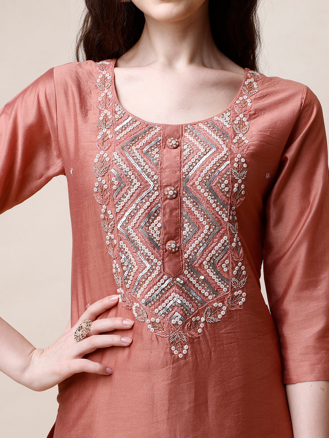 Hand Embroidered Kurta with Pant and Dupatta Set