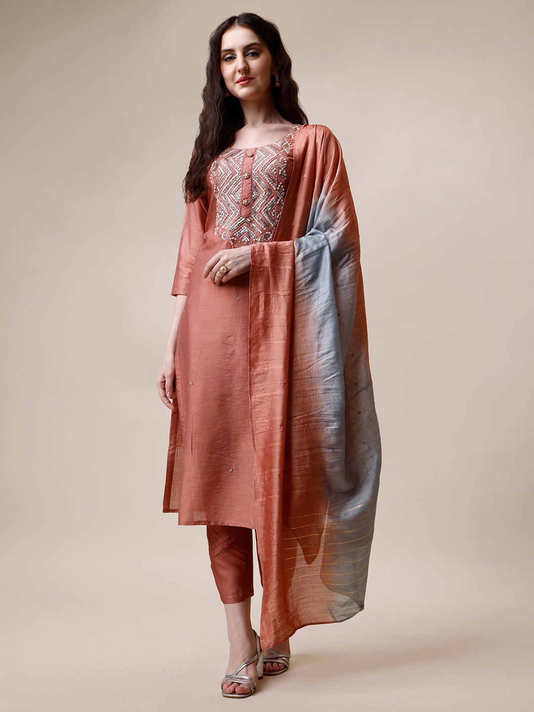 Hand Embroidered Kurta with Pant and Dupatta Set