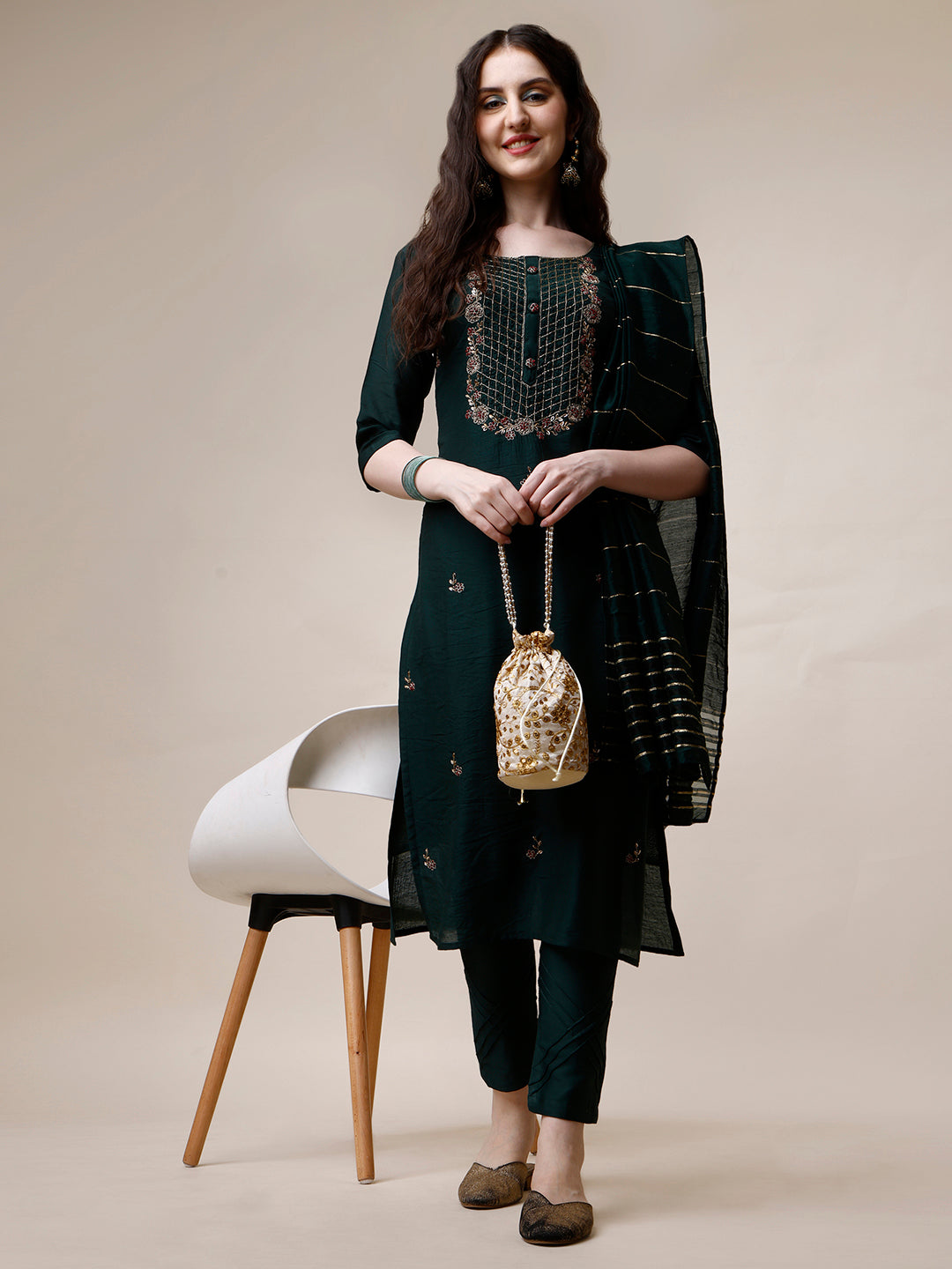 Embroidered Kurta with Pant and Dupatta Set