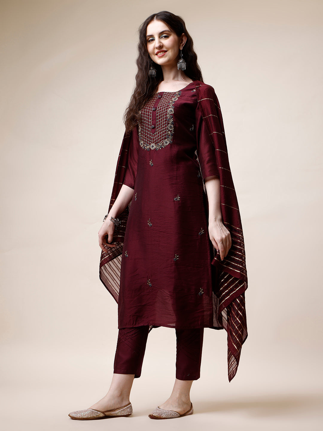 Embroidered Kurta with Pant and Dupatta Set