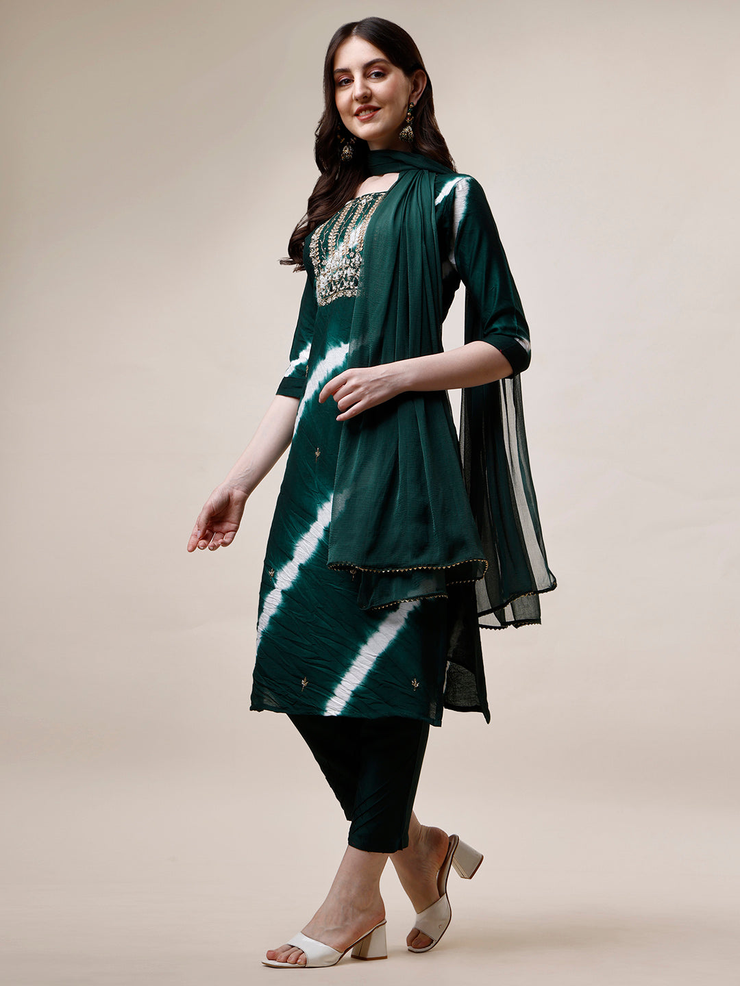 Embroidered and Leheriya Printed Kurta with Pant and Dupatta Set