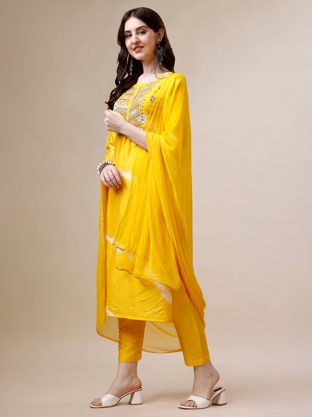 Embroidered and Leheriya Printed Kurta with Pant and Dupatta Set