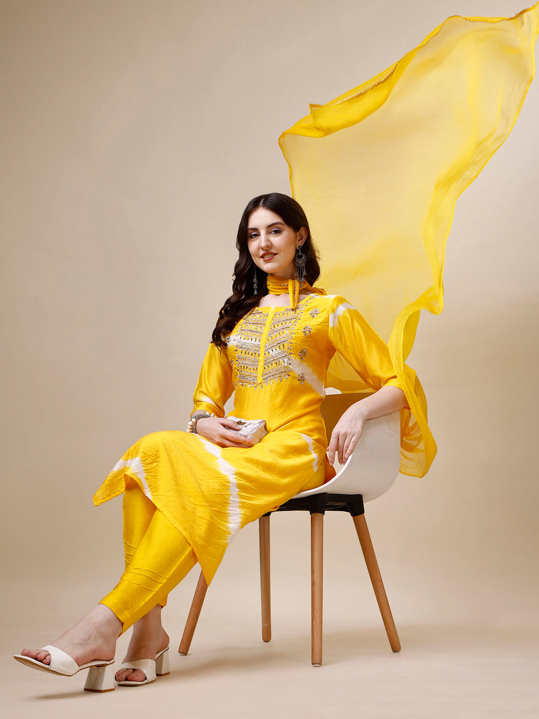 Embroidered and Leheriya Printed Kurta with Pant and Dupatta Set