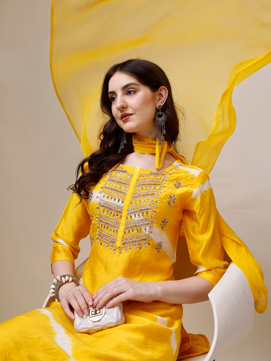 Embroidered and Leheriya Printed Kurta with Pant and Dupatta Set