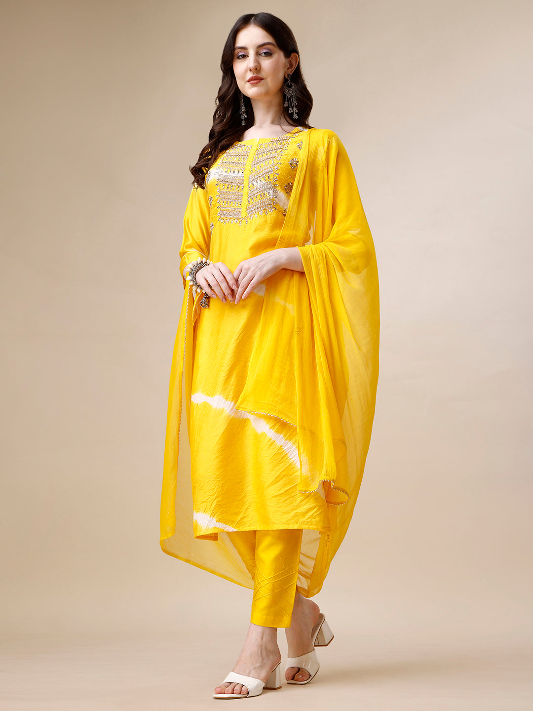 Embroidered and Leheriya Printed Kurta with Pant and Dupatta Set