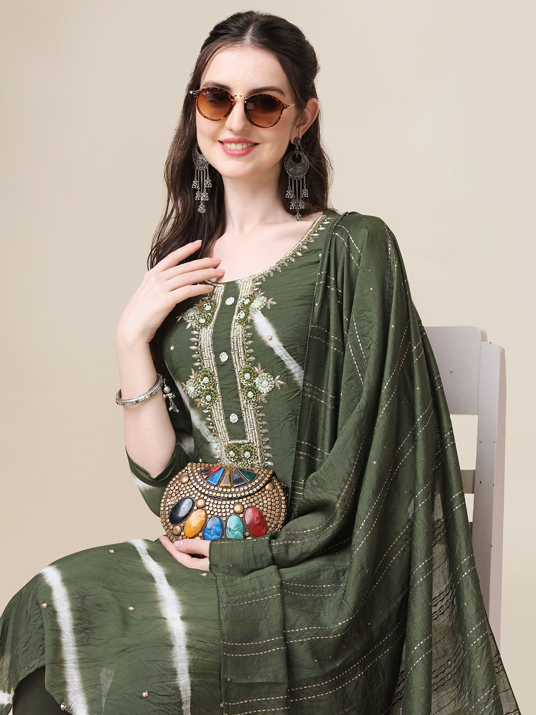 Leheriya Printed & Hand Embroidered Kurta with Pant & Dupatta Set