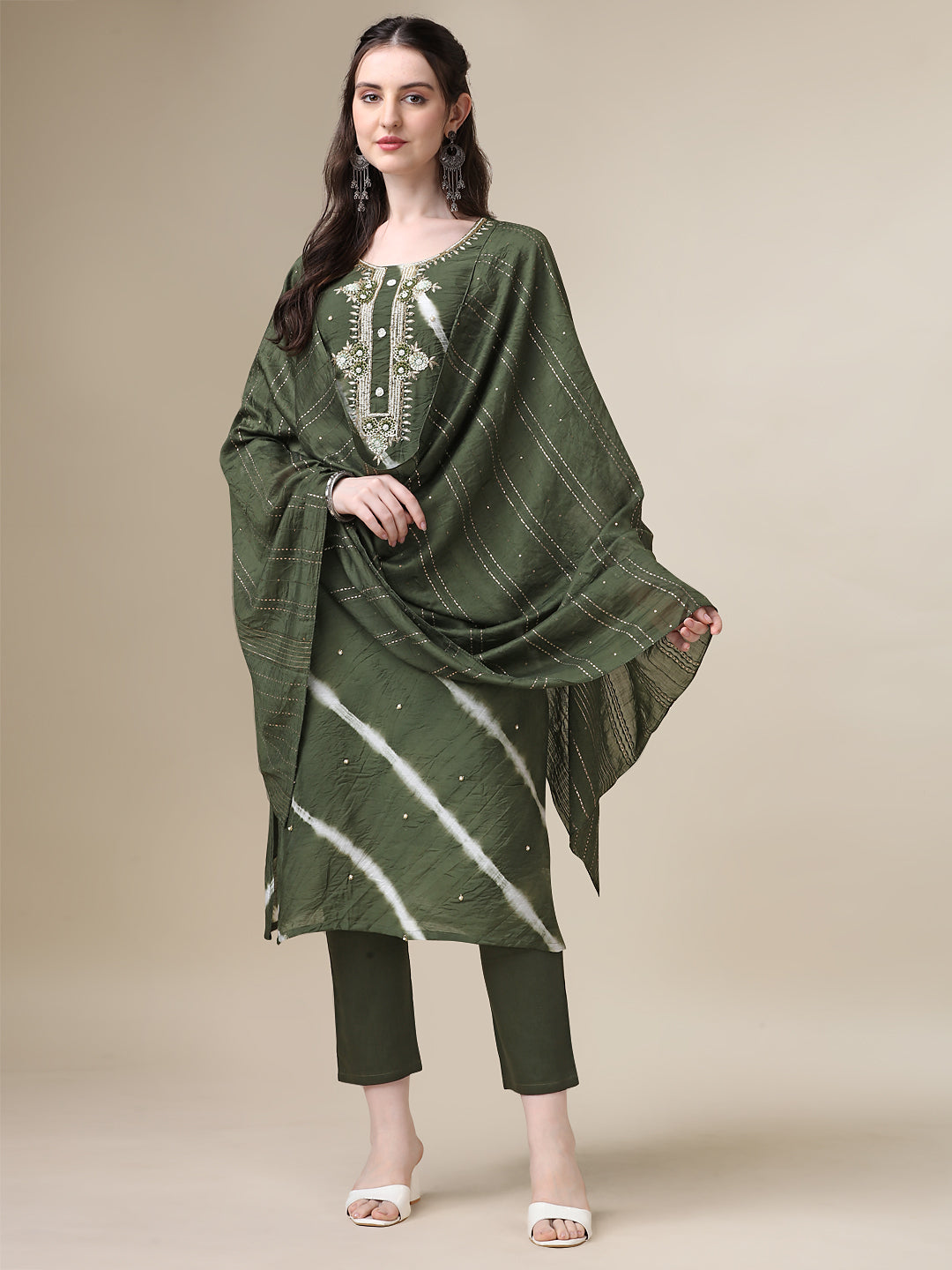 Leheriya Printed & Hand Embroidered Kurta with Pant & Dupatta Set