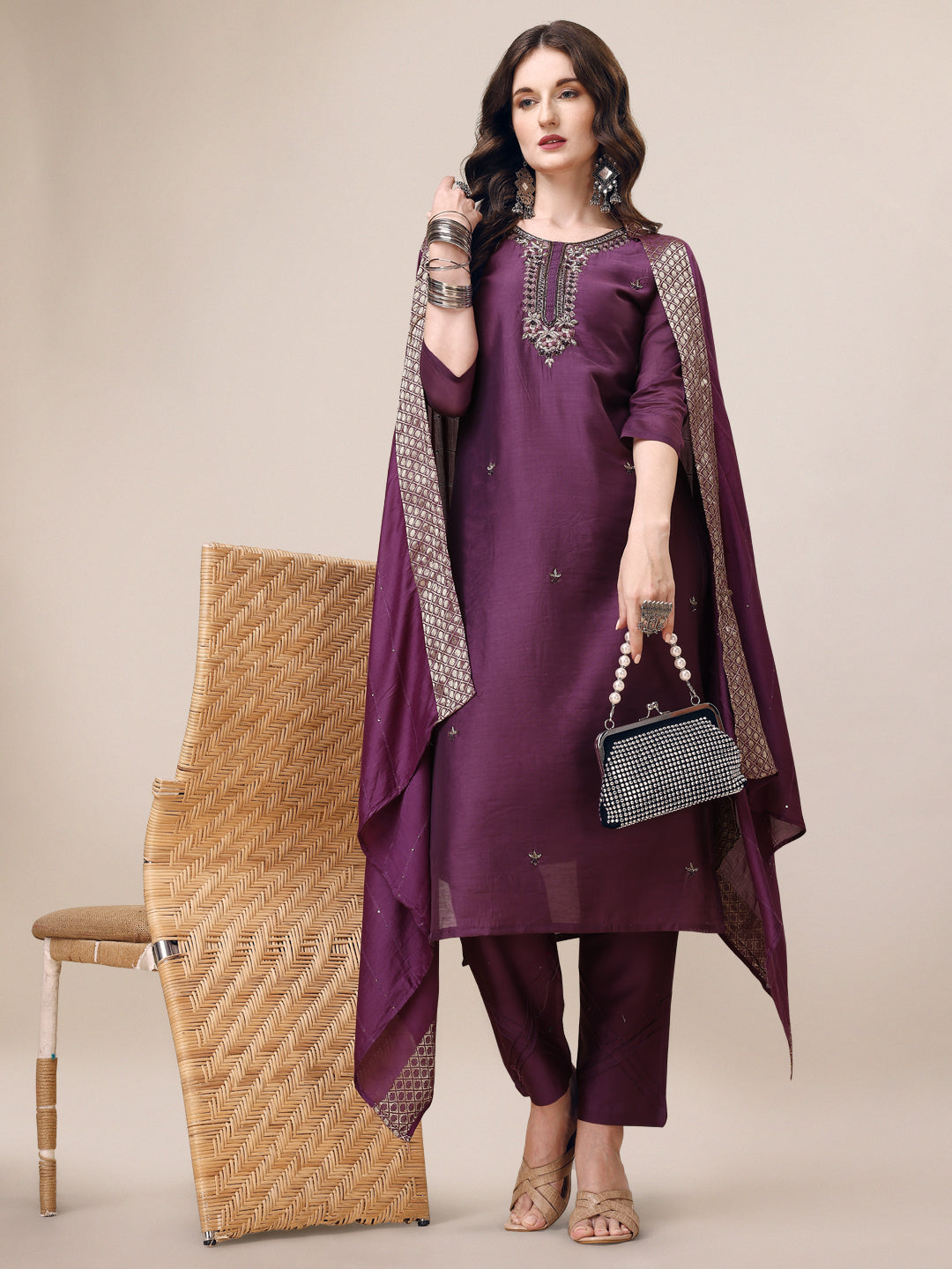 Hand Embroidered Kurta with Pant & Dupatta Set