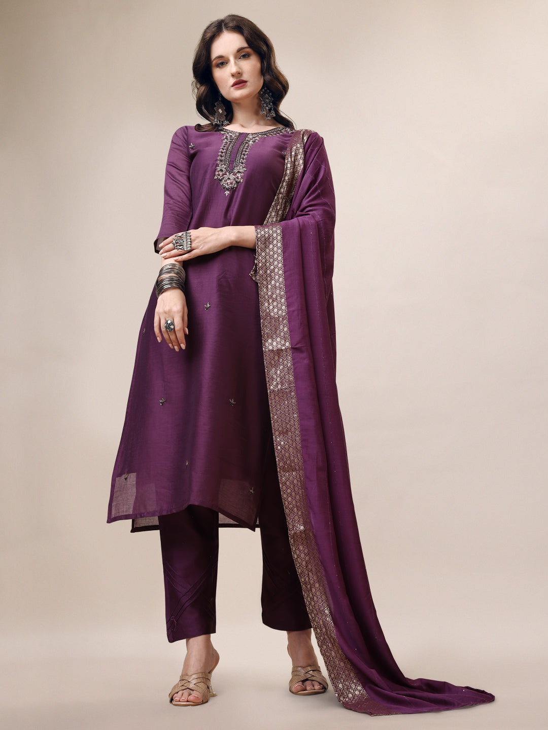 Hand Embroidered Kurta with Pant & Dupatta Set