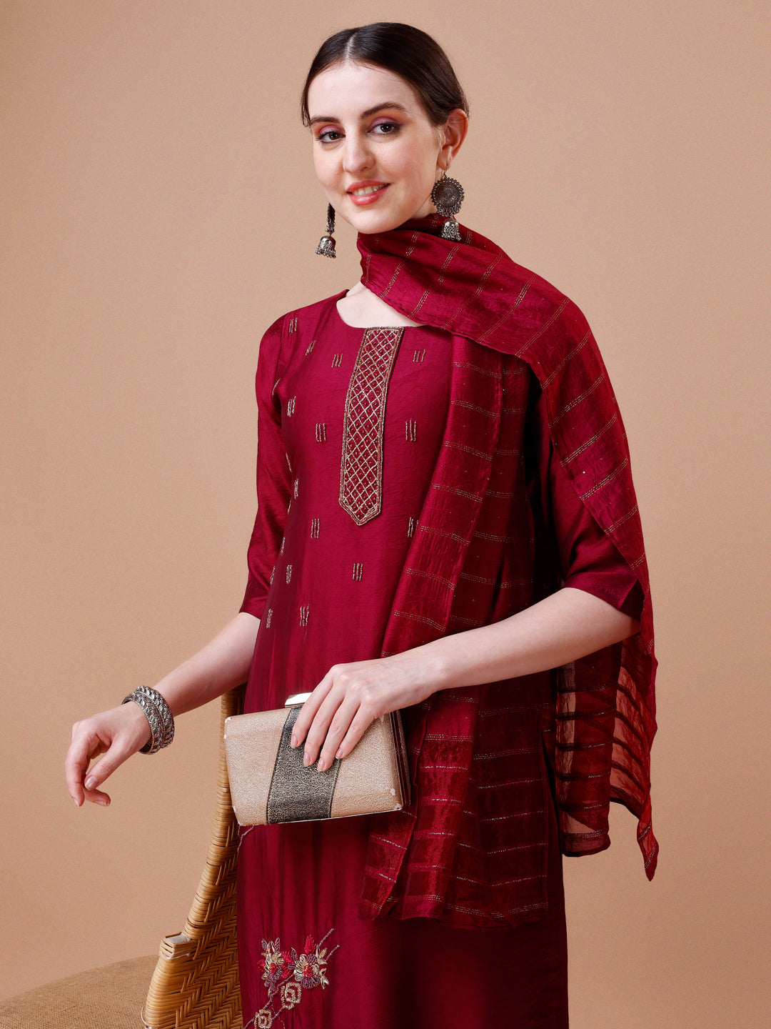 Placement Hand Embroidered Kurta with pant & Dupatta set