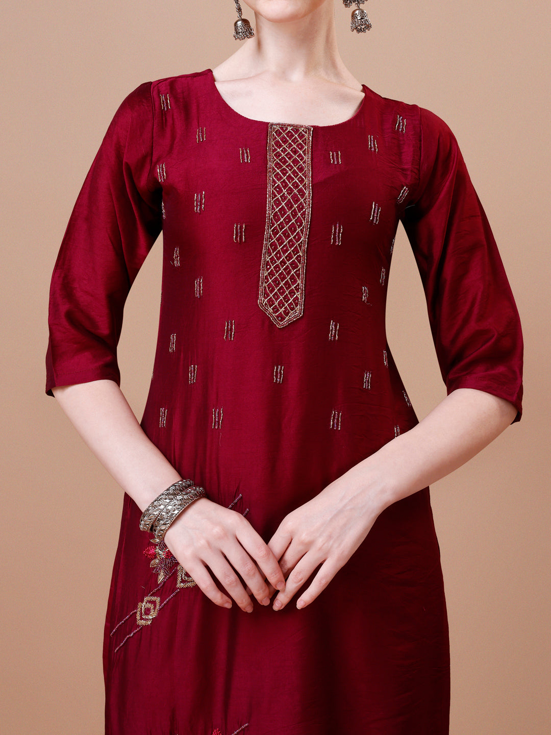 Placement Hand Embroidered Kurta with pant & Dupatta set