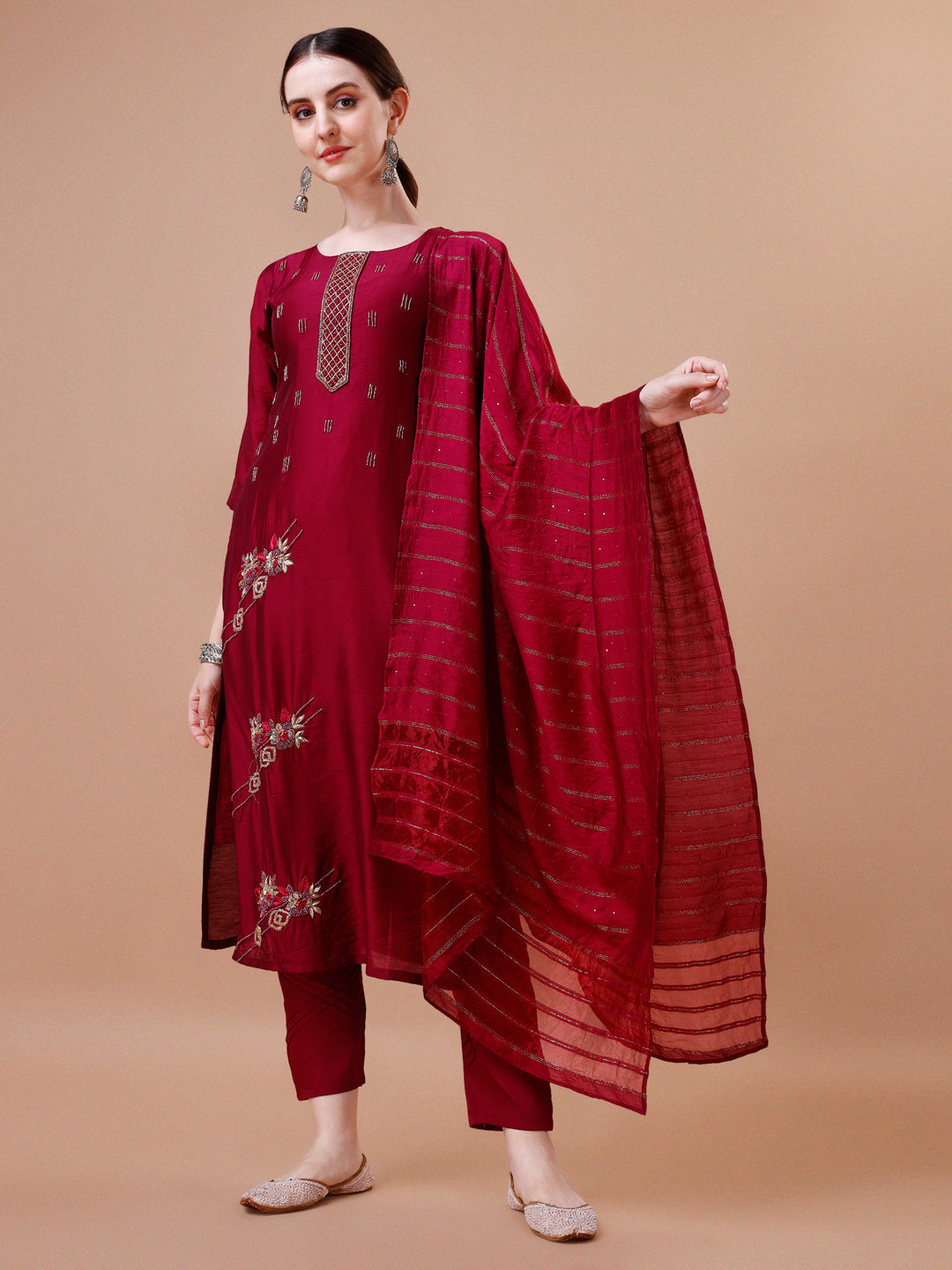 Placement Hand Embroidered Kurta with pant & Dupatta set