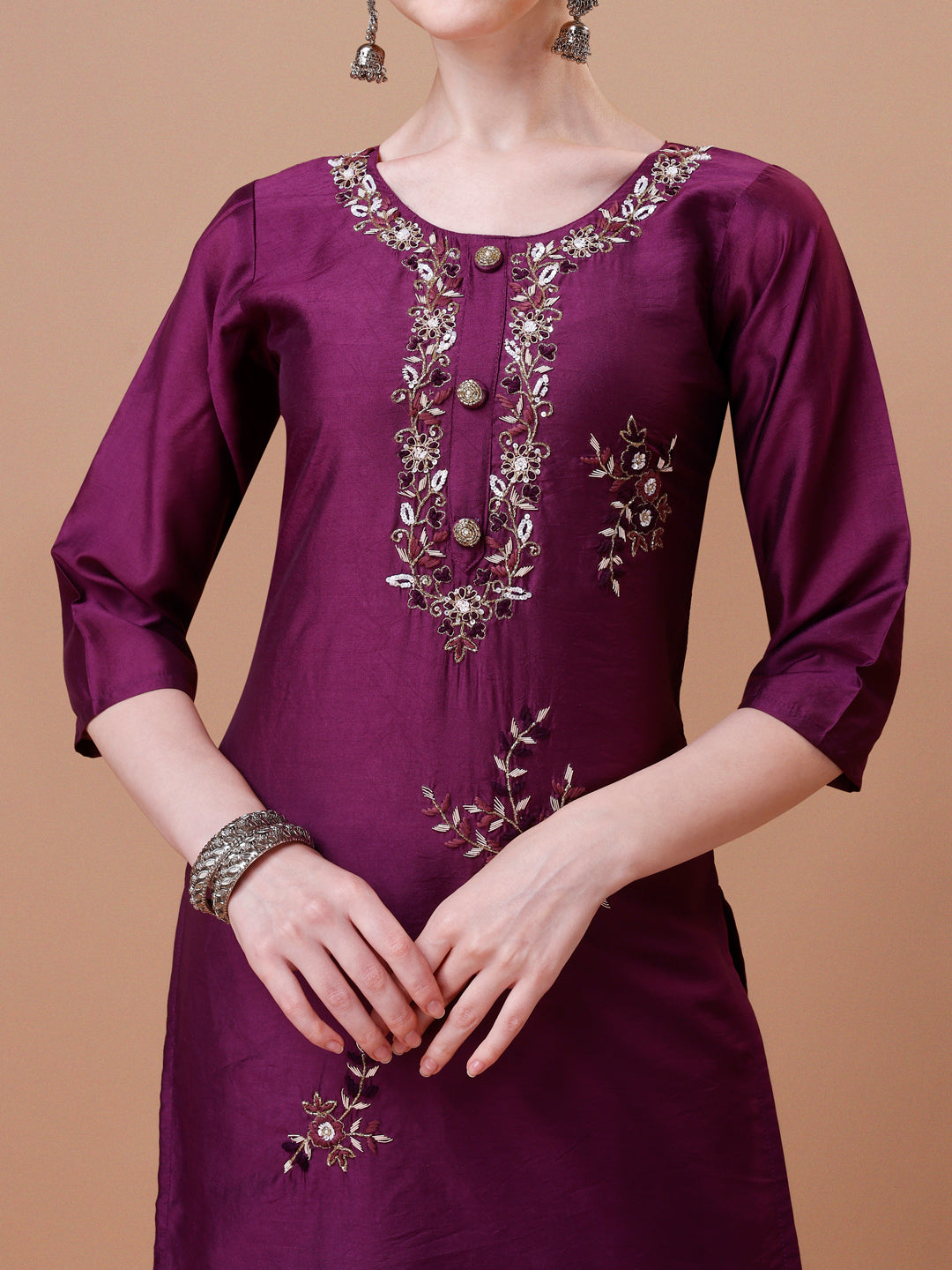 Placement Hand Embroidered Kurta with pant & Dupatta set