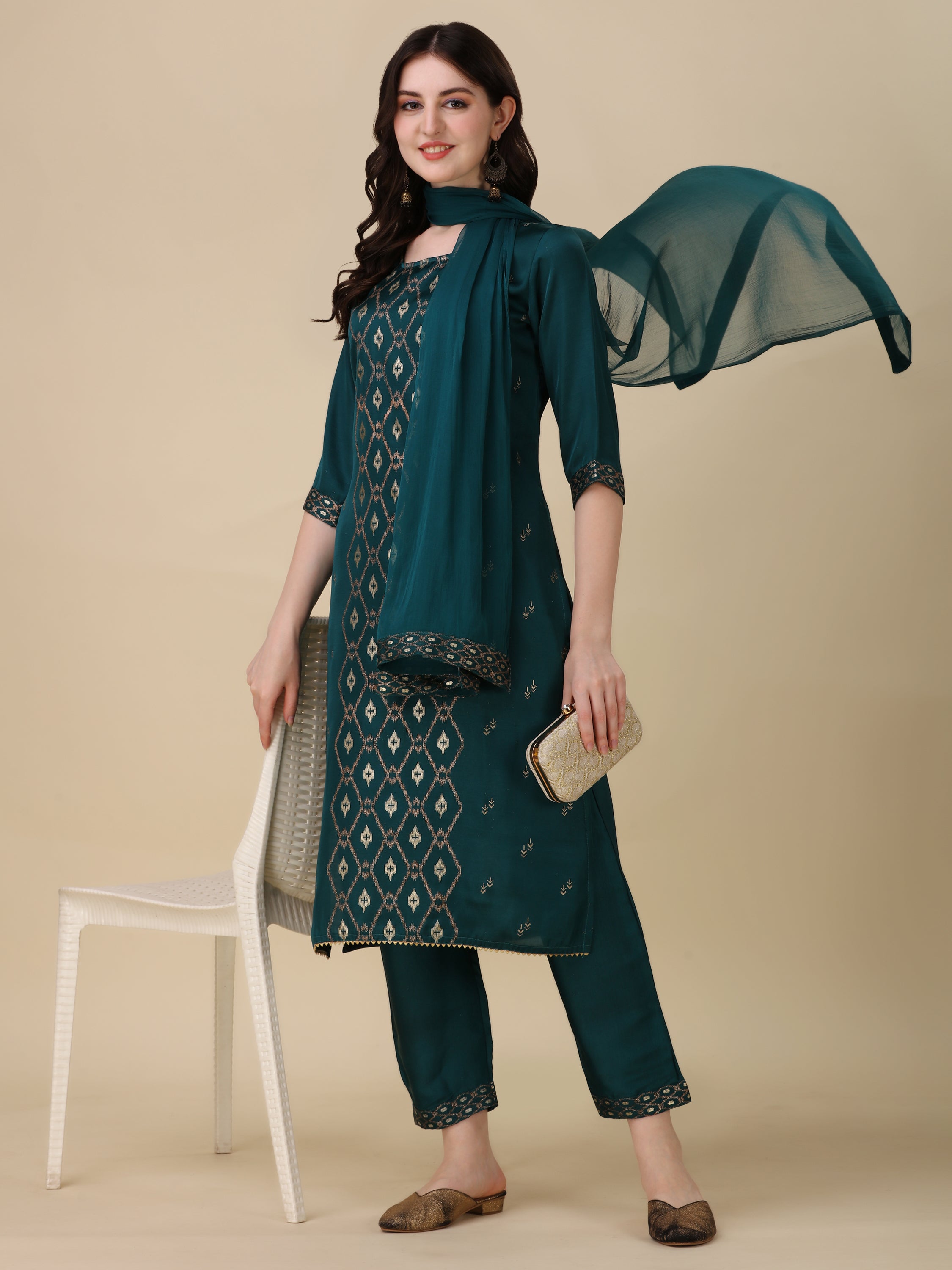 Foil Printed Kurta With Pant And Dupatta Set