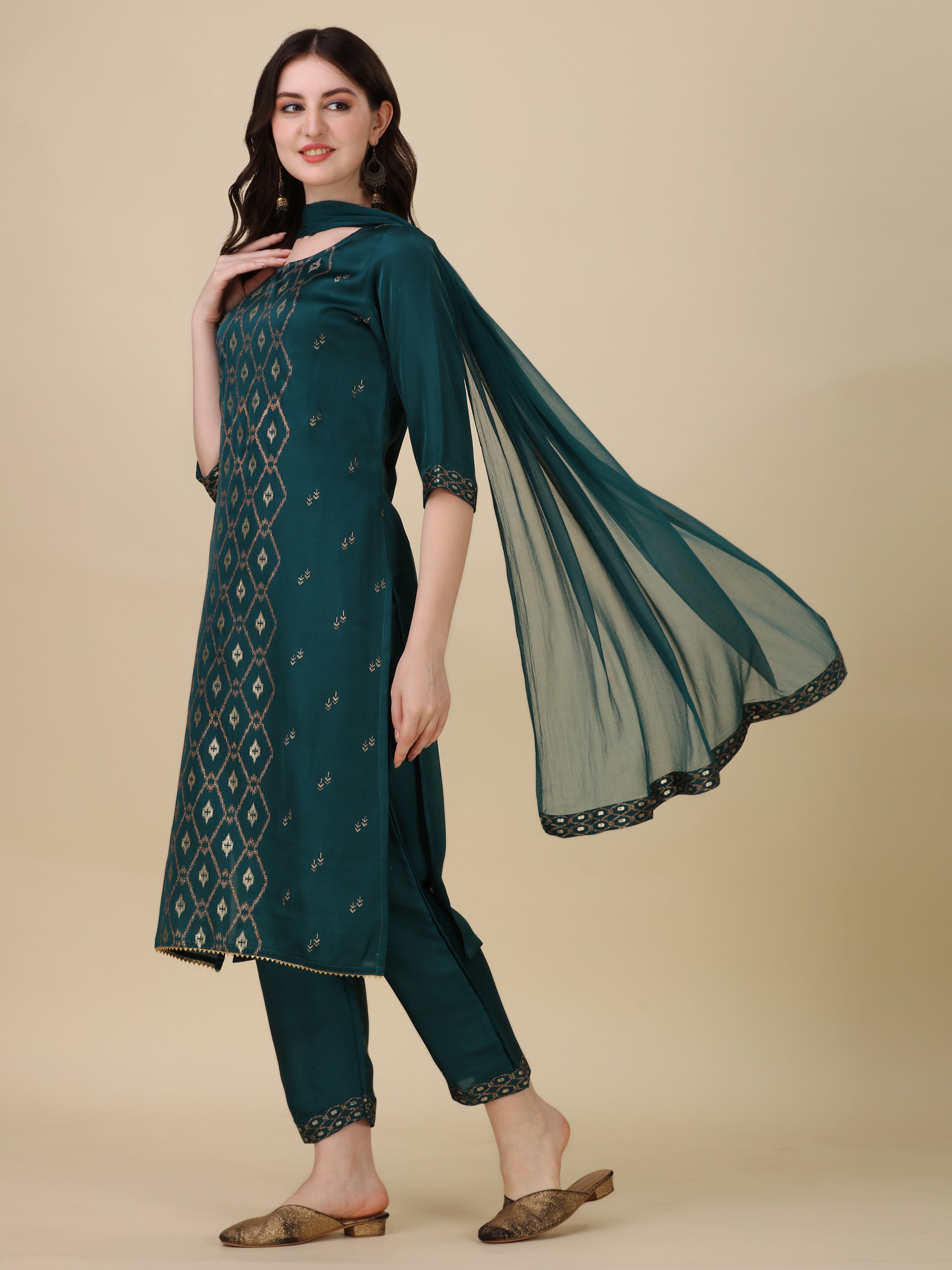 Foil Printed Kurta With Pant And Dupatta Set