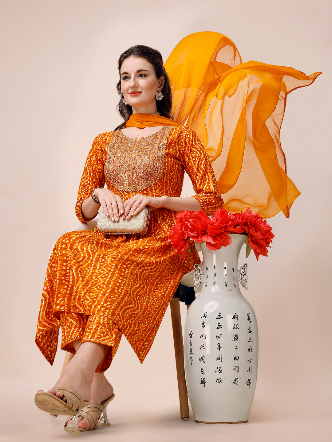 Bandhani Printed &  Embroidered Kurta with Pant & Dupatta Set