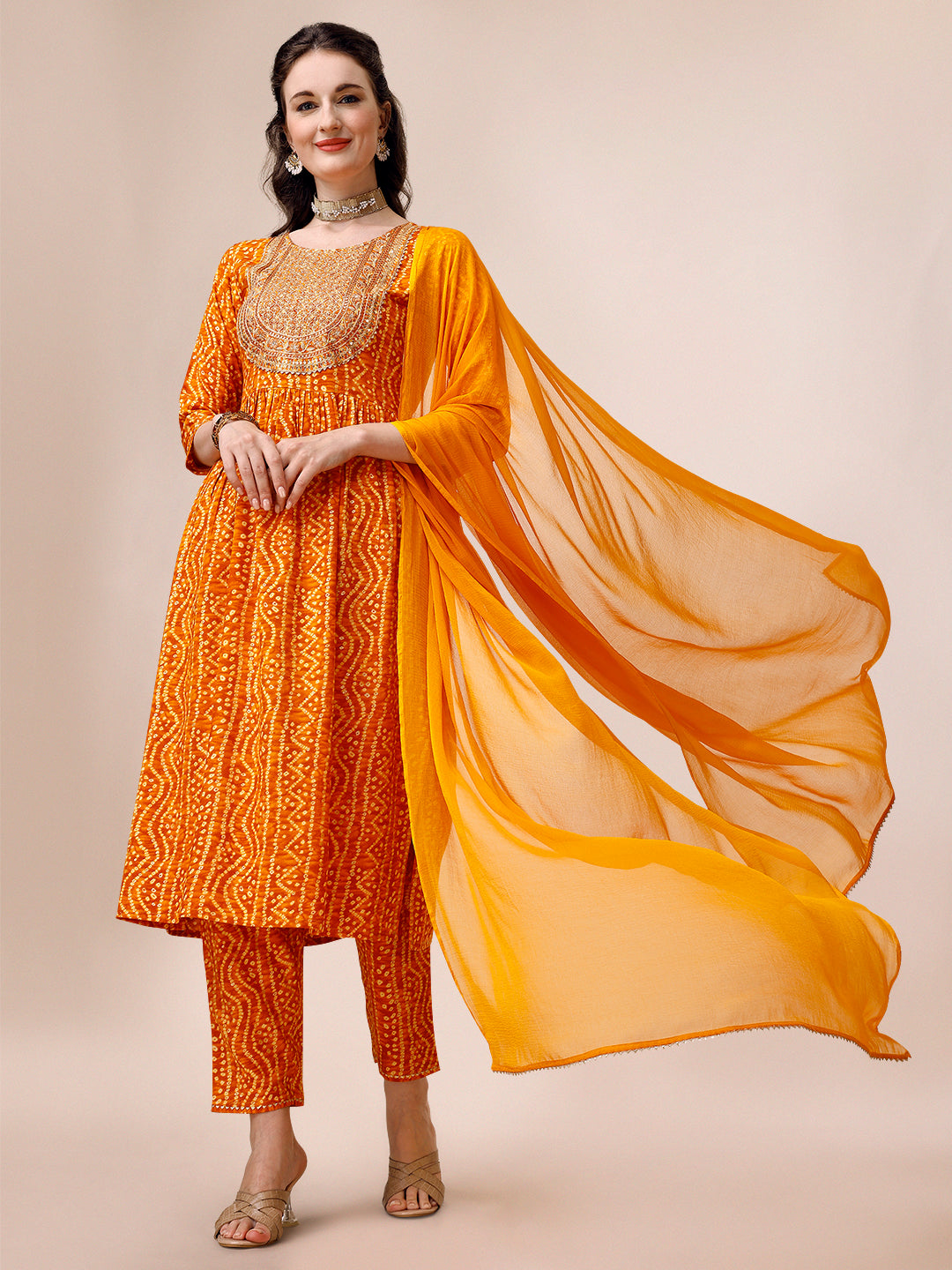 Bandhani Printed &  Embroidered Kurta with Pant & Dupatta Set