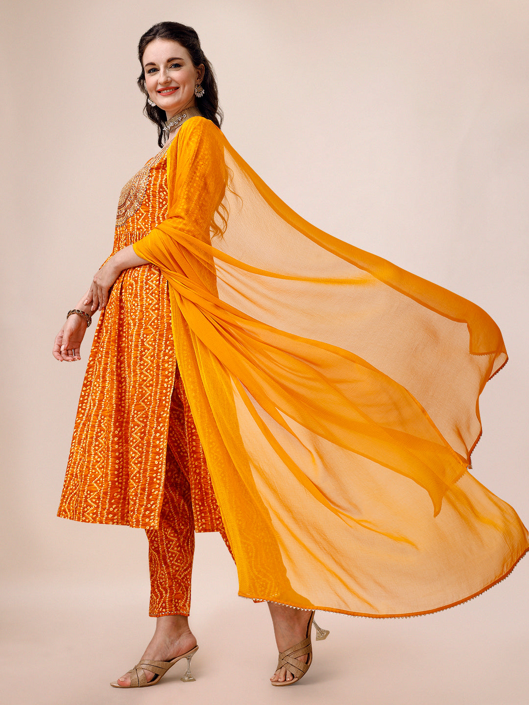 Bandhani Printed &  Embroidered Kurta with Pant & Dupatta Set