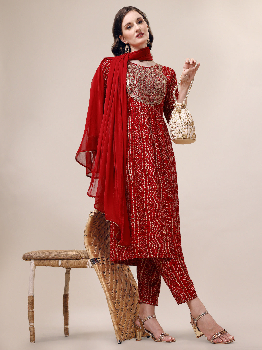 Bandhani Printed &  Embroidered Kurta with Pant & Dupatta Set