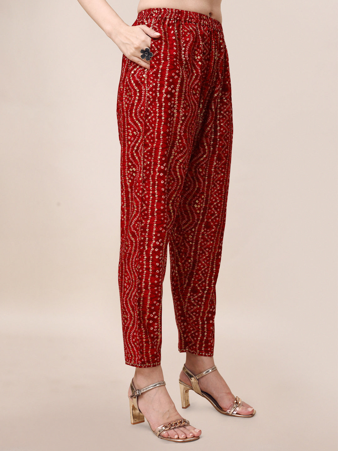 Bandhani Printed &  Embroidered Kurta with Pant & Dupatta Set