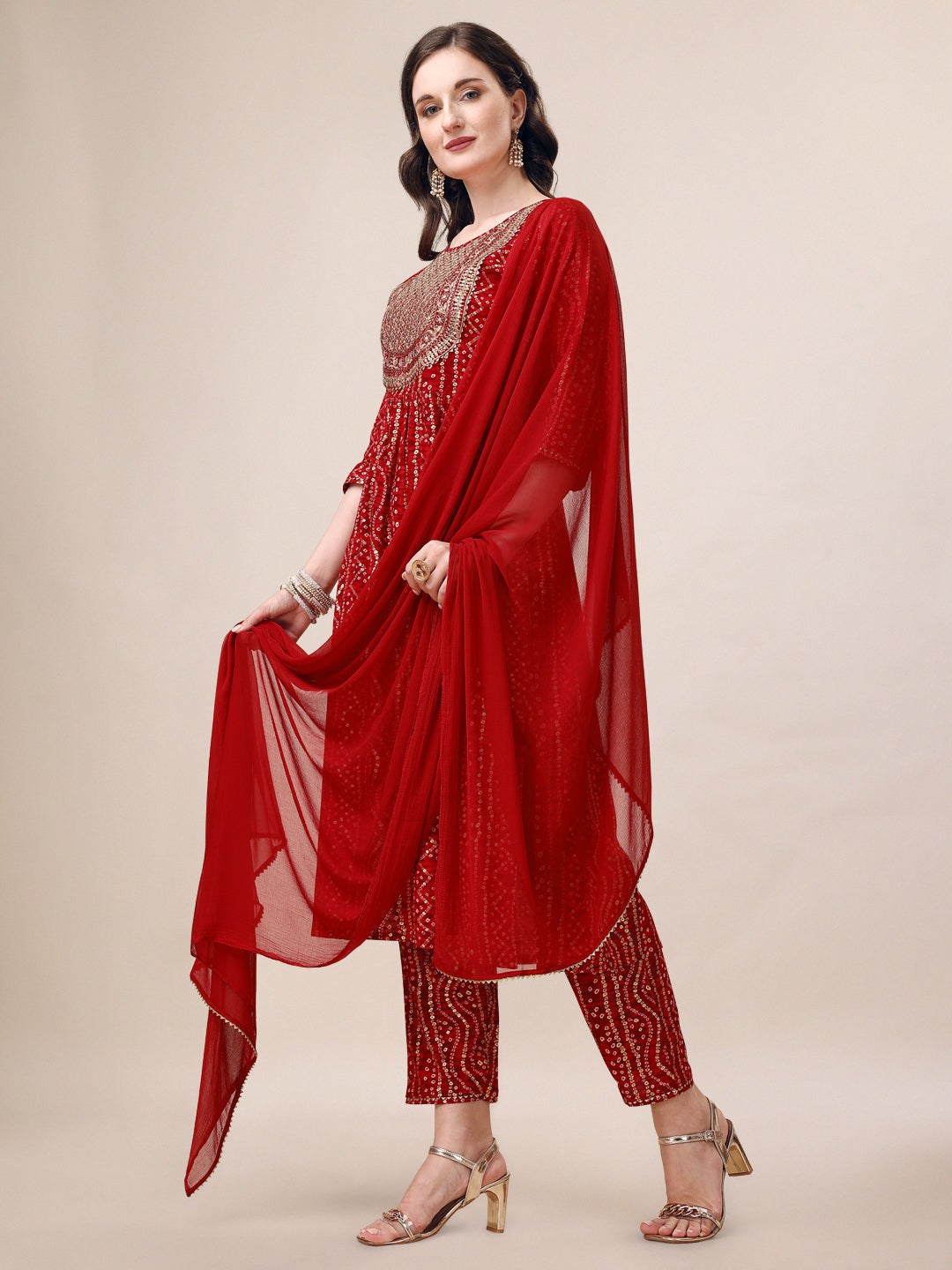 Bandhani Printed &  Embroidered Kurta with Pant & Dupatta Set