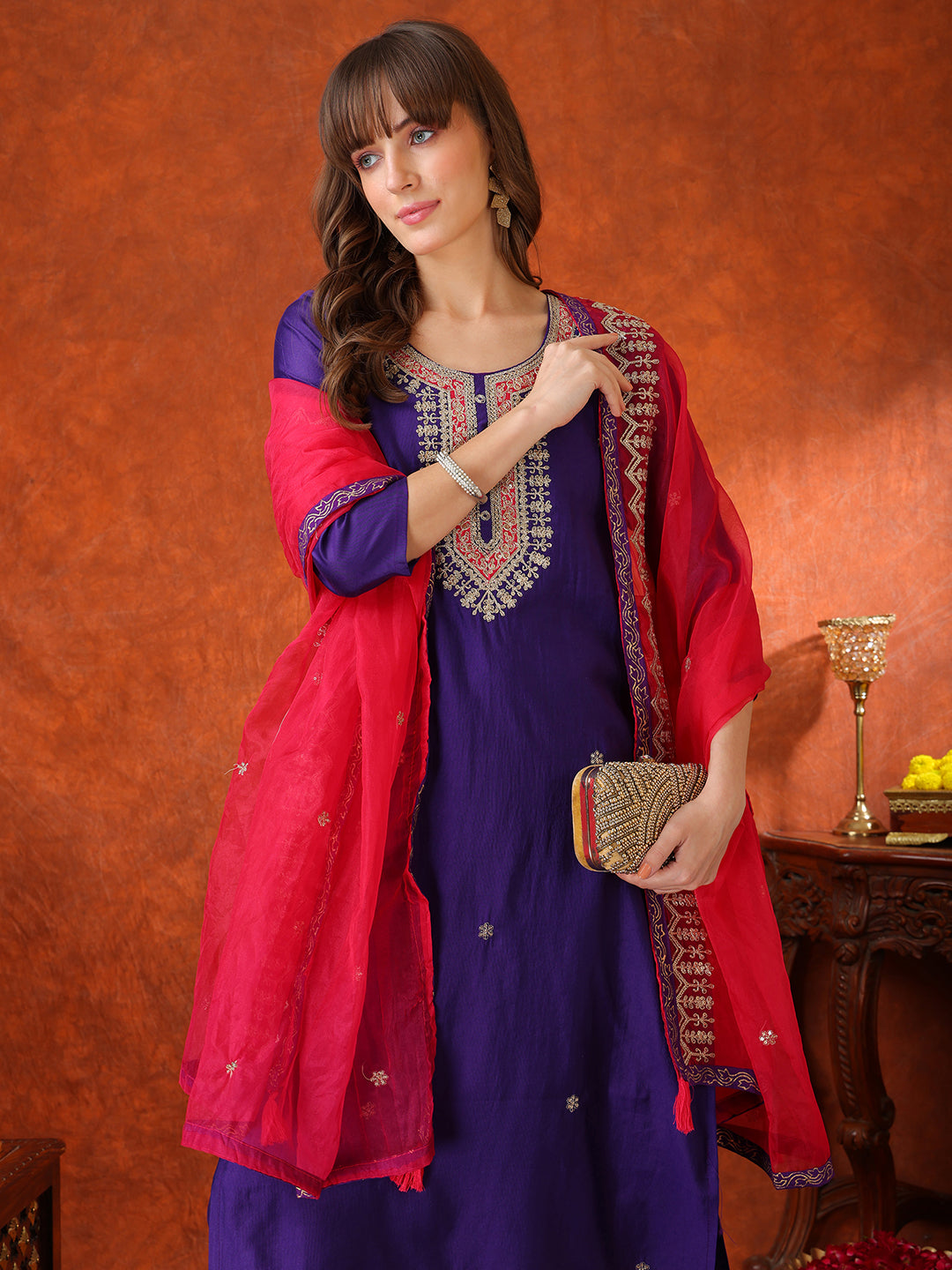 Sequin & Thread Embroidered Kurta with Pant & Embroidered Dupatta