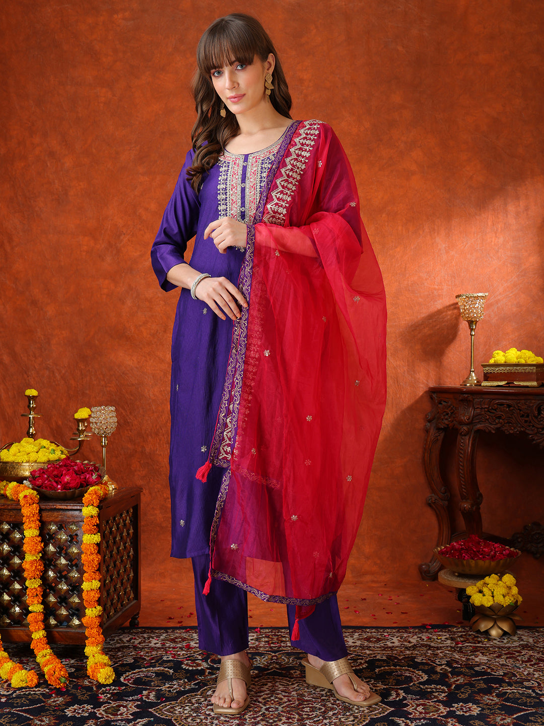 Sequin & Thread Embroidered Kurta with Pant & Embroidered Dupatta