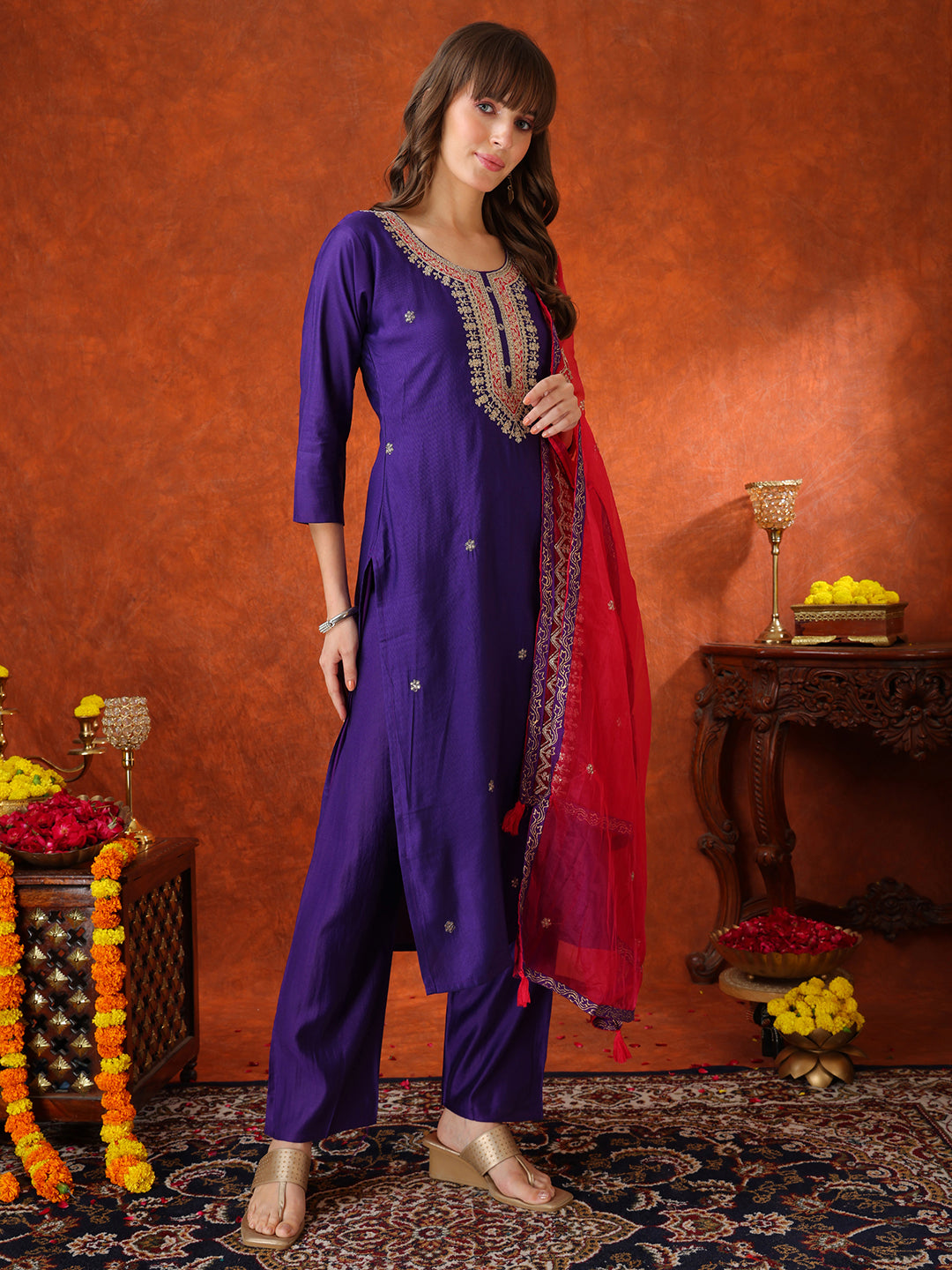 Sequin & Thread Embroidered Kurta with Pant & Embroidered Dupatta