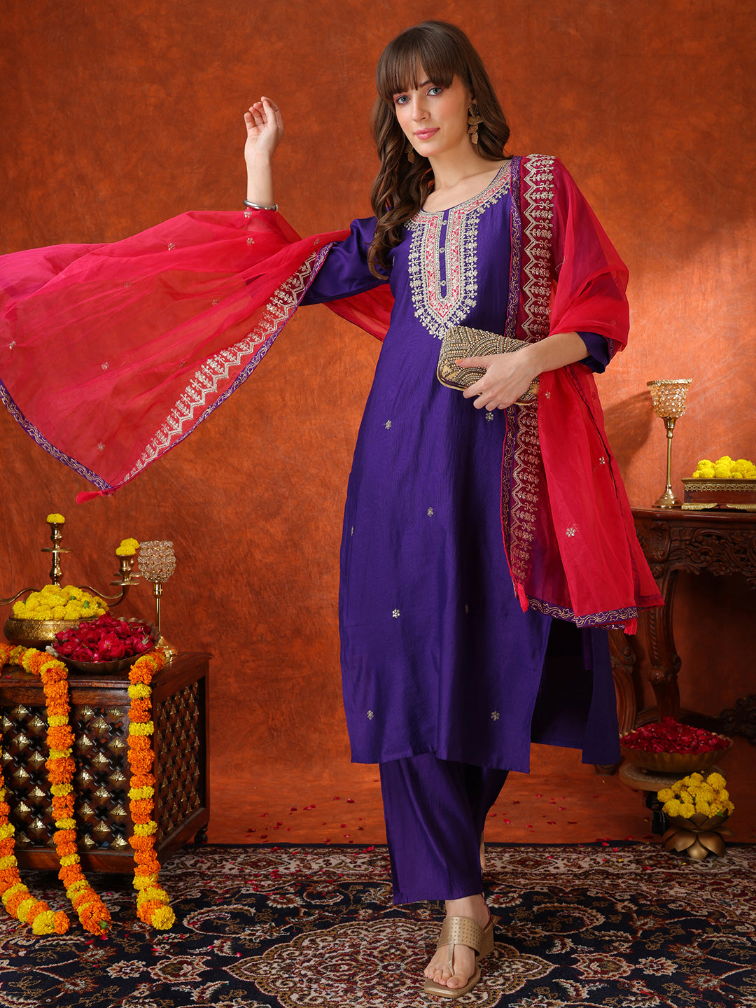 Sequin & Thread Embroidered Kurta with Pant & Embroidered Dupatta