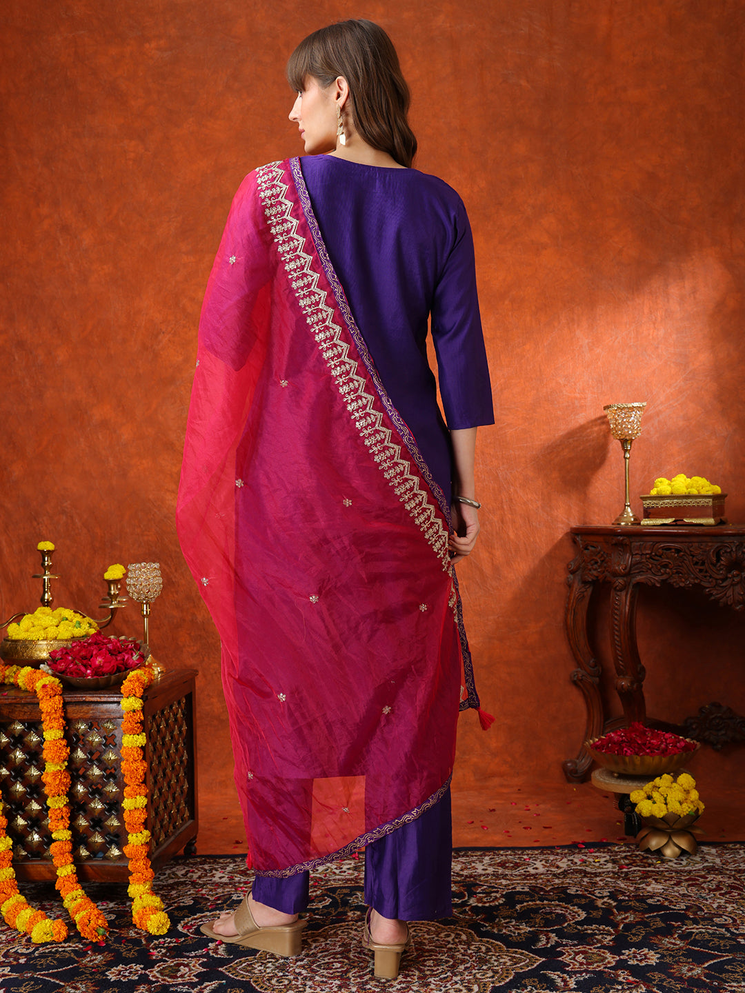 Sequin & Thread Embroidered Kurta with Pant & Embroidered Dupatta