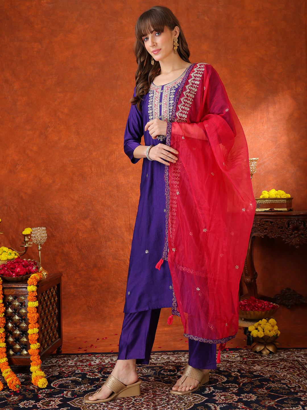 Sequin & Thread Embroidered Kurta with Pant & Embroidered Dupatta