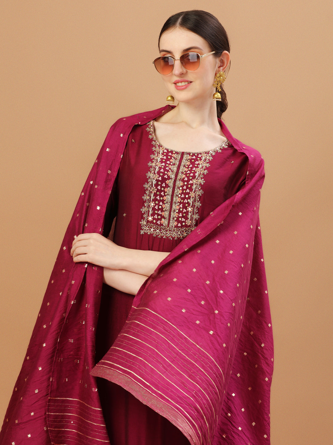 Hand Embroidered Wine Kurta with pant & dupatta