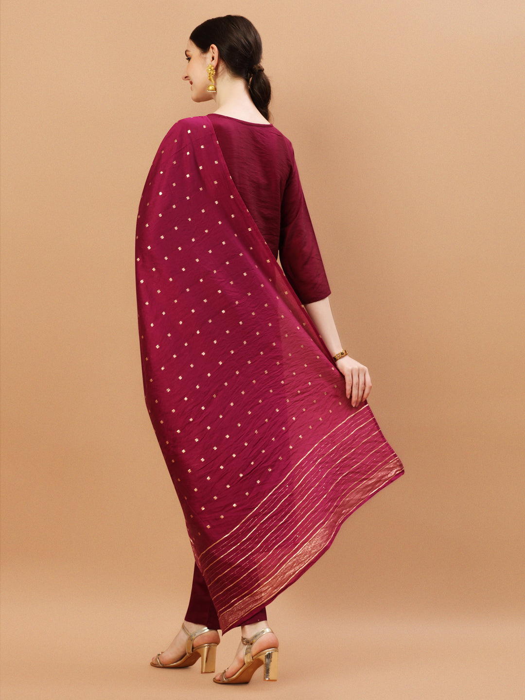 Hand Embroidered Wine Kurta with pant & dupatta